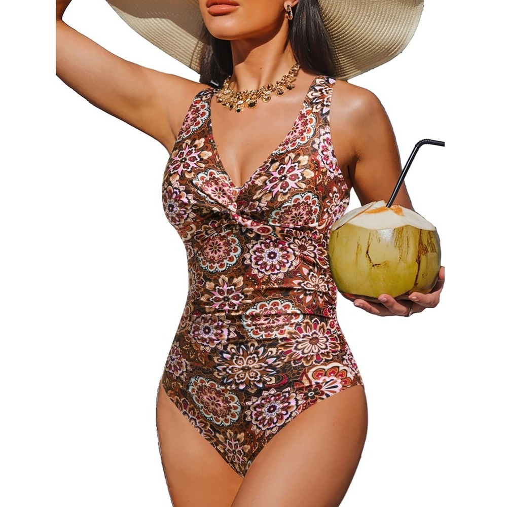 Holipick Womens Floral Mandala Tummy Control One Piece Swimsuit V Neck Pink L